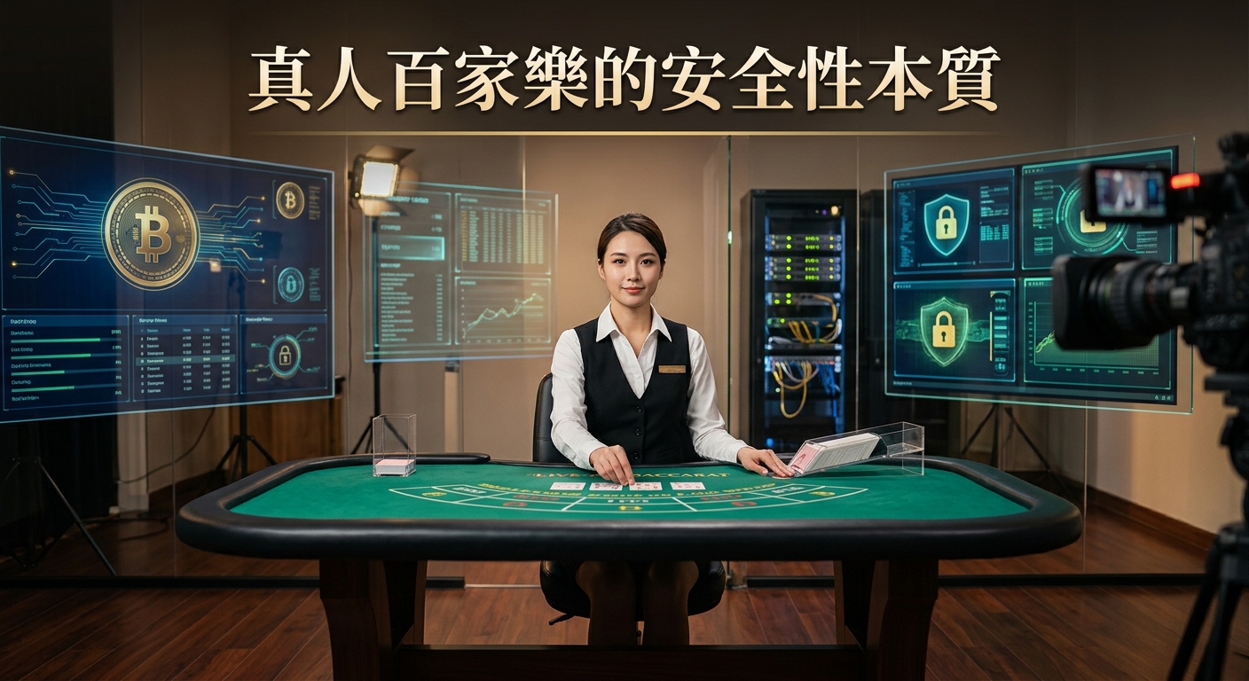 這幅圖像展示了一個結合現代科技與真人娛樂場的專業直播演播室,一名專業的女性經荷官坐在綠色的百家樂賭桌前。 背景中配有展示數據加密、安全鎖圖示和區塊鏈技術的高科技螢幕,上方則以優雅的金色字體標註着標題「真人百家樂的安全性本質」。