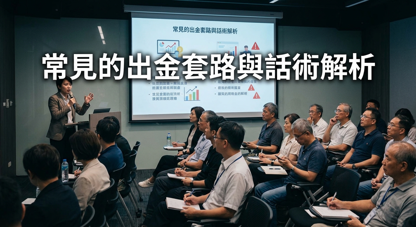這張照片展現了一場專業的室內講座，多位聽眾正專注聆聽台上講師解析金融與投資的常見陷阱。 畫面中央特別以清晰醒目的繁體中文大字標註主題「常見的出金套路與話術解析」，整體氛圍嚴肅且具教育意義。
