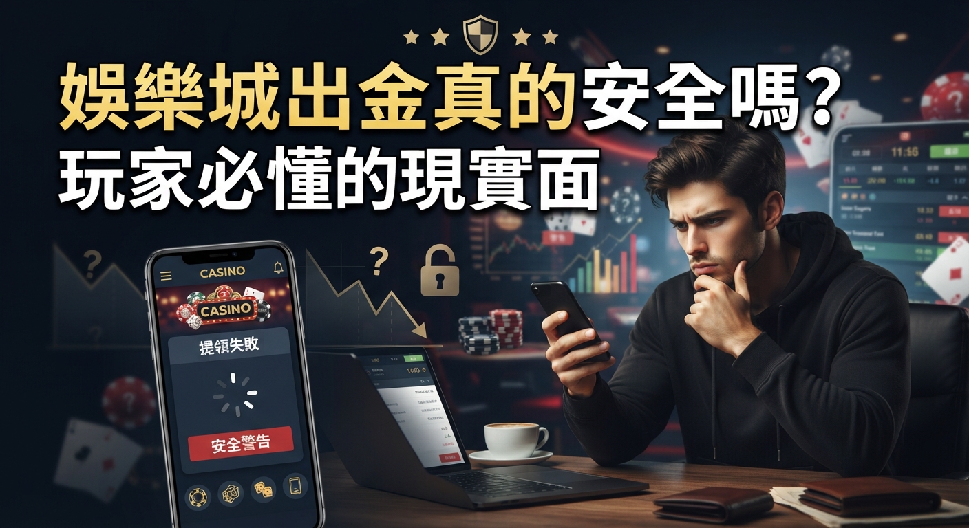 圖片展示了一名男子眉頭深鎖地看著手機,手機畫面上顯示提領失敗與安全警告。上方則印有「娛樂城出金真的安全嗎?玩家必懂的現實面」的主標題。