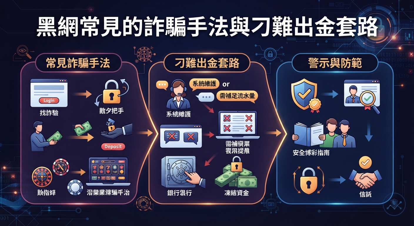 這張圖片展示了「黑網常見的詐騙手法與刁難出金套路」的主題,透過圖表詳細分析了常見的詐騙手法、刁難出金套路以及相關的警示與防範措施。